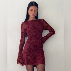 Motel Rocks Sevila Long Sleeve Mini Dress in Flocked Botanical Flower Maroon